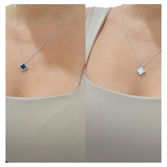 Silver Mother of Pearl and Black Clover Necklace - Picture 1 of 7